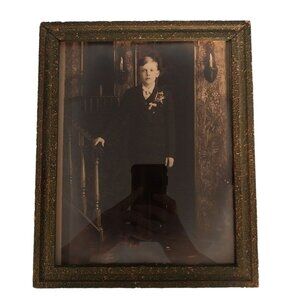 Antique Victorian Frame with Boy In Suit On Staircase Photograph Portrait